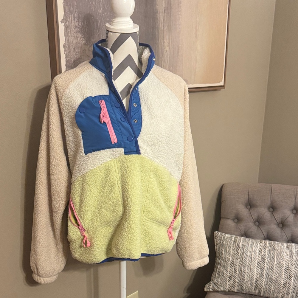 Colorblock Fleece Pullover with Pink Accents
